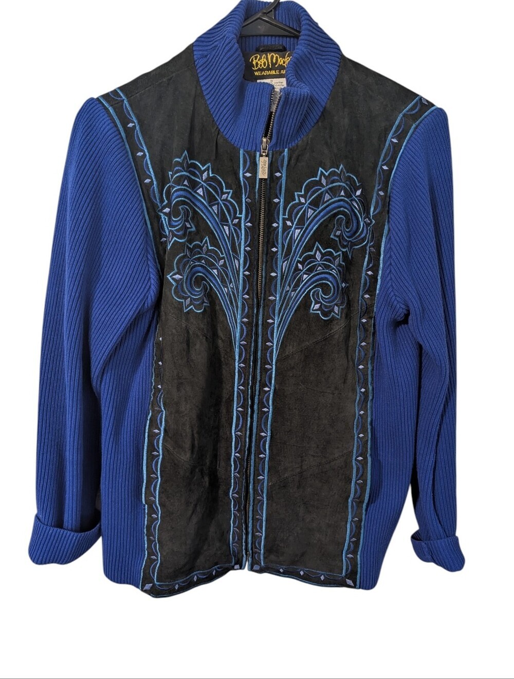Bob Mackie Royal Blue Ribbed Jacket with Black Suede Front & Blue Embroidery